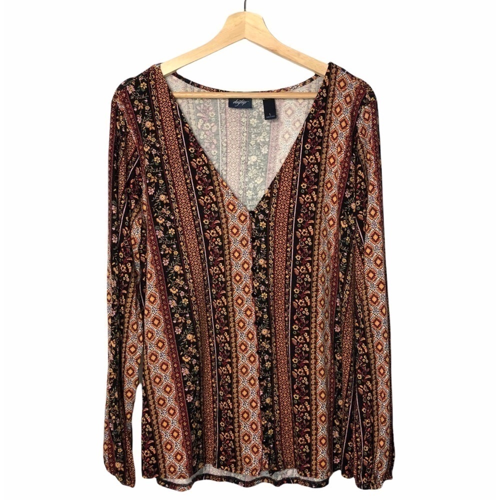 Daytrip Boho Button Down Floral V-Neck Flowy Long Sleeve Top L
